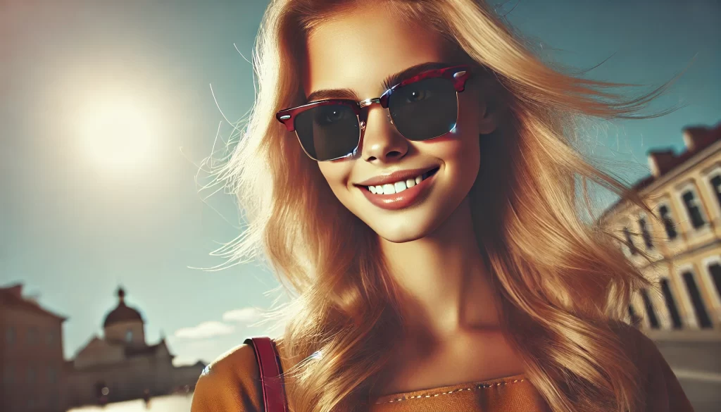 Young blond girl with beautiful smile wearing sunglasses