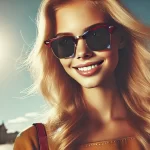 Young blond girl with beautiful smile wearing sunglasses